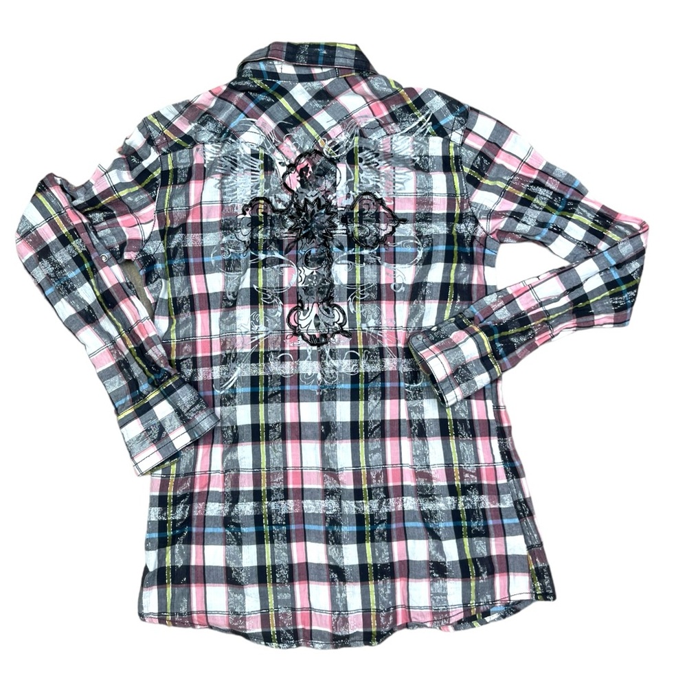 Ariat Fitted Western Button Up Shirt Womens Medium Plaid Embroidered Stitch
